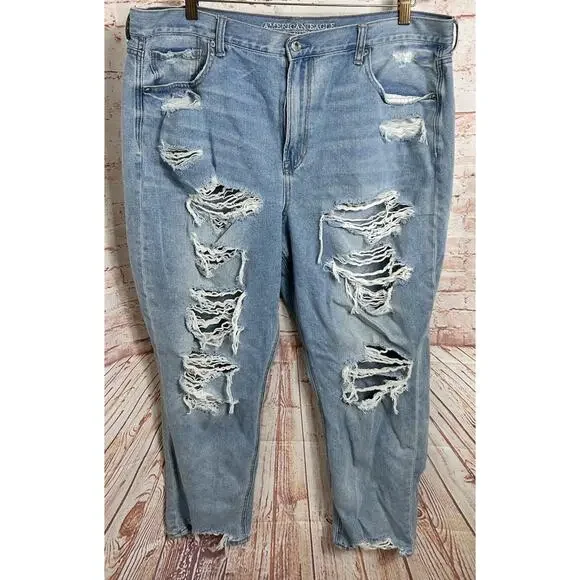 American Eagle Mom Jeans Sz 20 Regular Distressed Torn Medium Blue Wash Raw Hem - Picture 4 of 7